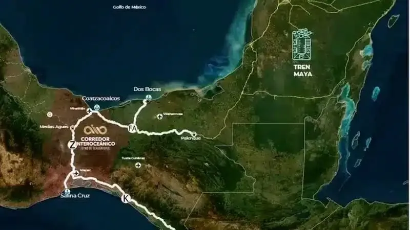 Map showing the rail corridor across the Isthmus of Tehuantepec between the Gulf and Pacific coasts