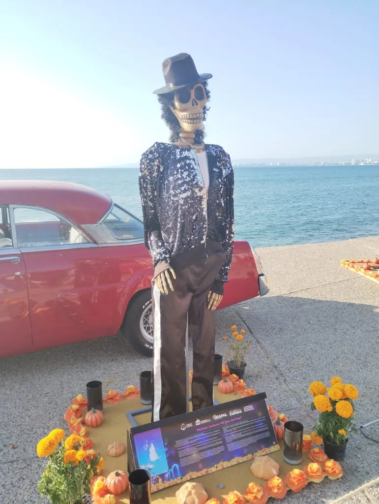 Michael Jackson skeleton figure displayed on the Puerto Vallarta Malecón