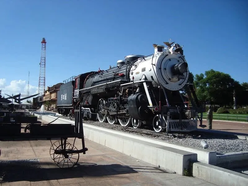 Historic rail buildings and open plazas at Tres Centurias in Aguascalientes
