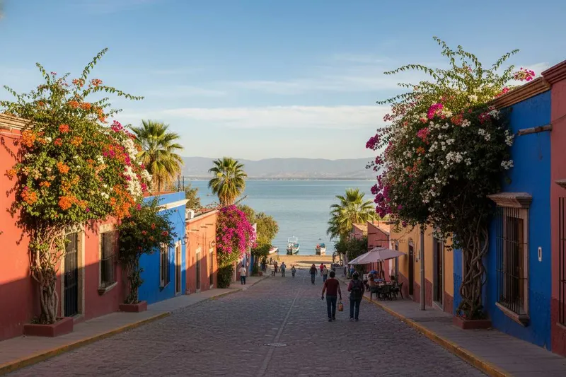 Lake Chapala shoreline near Ajijic with blue water, mountains, and dry-season light