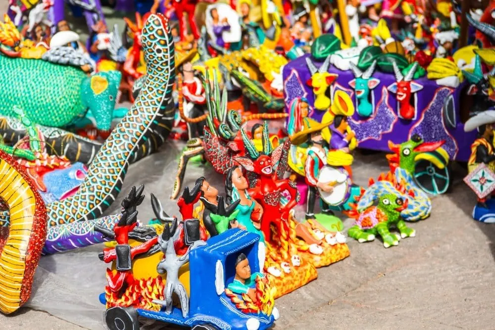 Traditional Mexican alebrijes and handicrafts for sale in Ajijic Jalisco artisan market