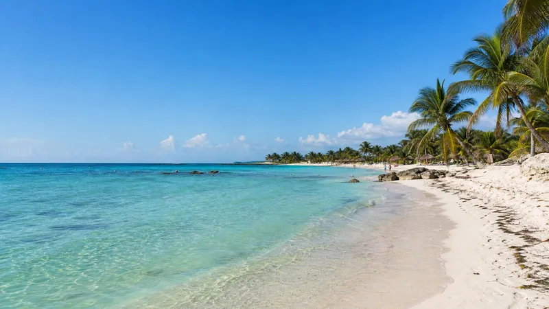 Akumal Bay in November with calm turquoise water, palms, pale sand, and early dry-season Riviera Maya weather
