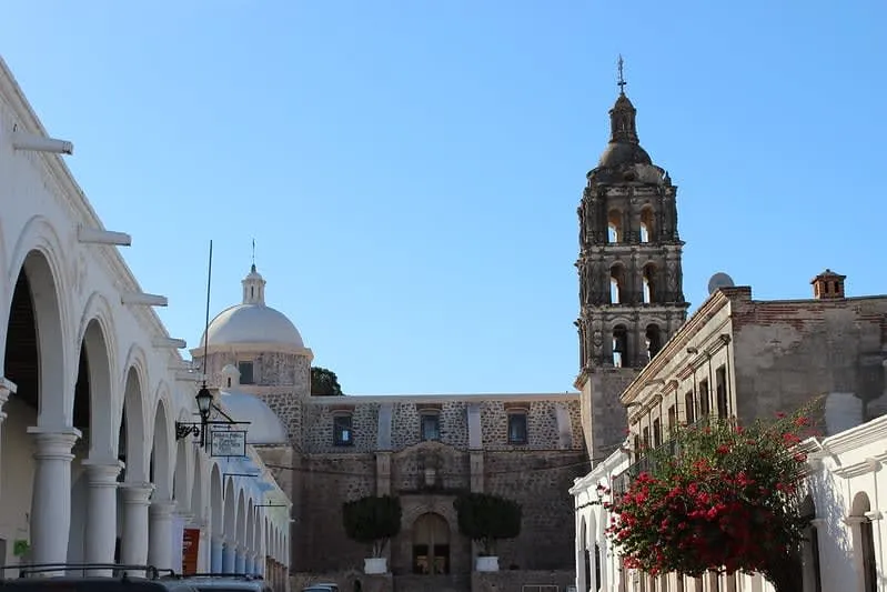 Stone parish church facade in historic Álamos