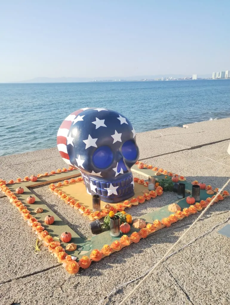 American-style skull figure in a top hat on the Puerto Vallarta Malecón