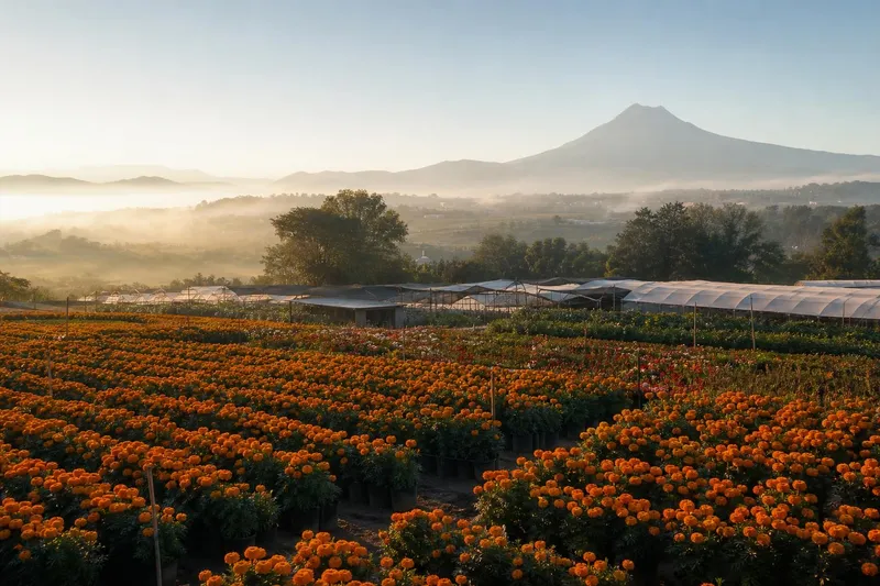 Atlixco flower beds and foothill streets below Popocatepetl