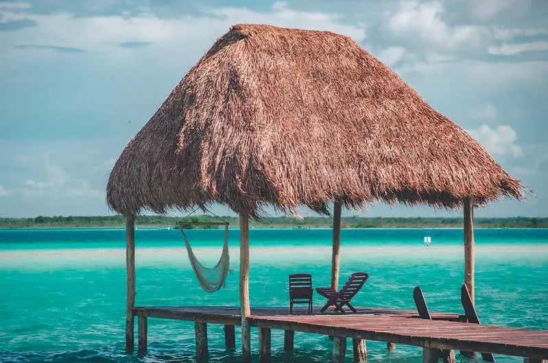 Turquoise Bacalar Lagoon pier within a day trip from Mahahual