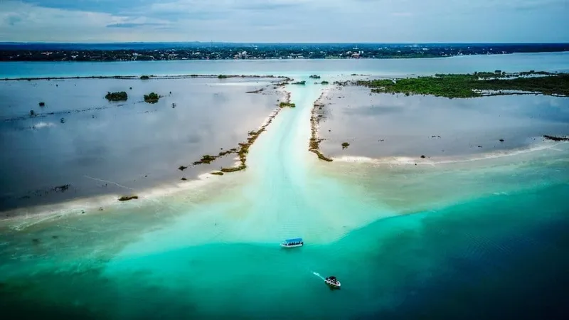 Bacalar lagoon seven colors with turquoise and deep blue water at golden hour