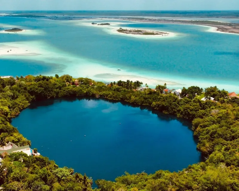 Map-style view of Bacalar Lagoon with nearby Riviera Maya and Yucatan route markers