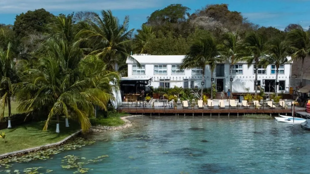 Lagoonfront hotel deck over Bacalar's turquoise water