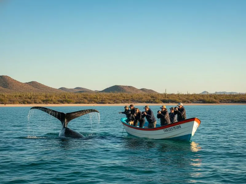 Gray whale surfacing near a small boat in Baja California with blue ocean and desert landscape