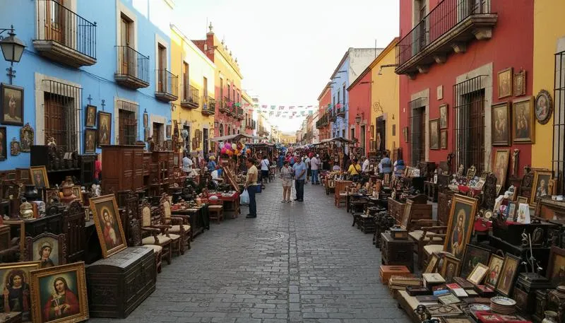 Barrio de los Sapos antique market in Puebla with colonial archways and traditional crafts vendors
