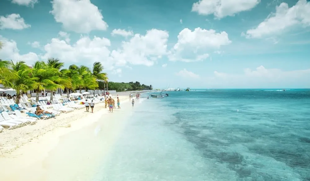 Calm water and resort beach area at San Juan Beach in Cozumel
