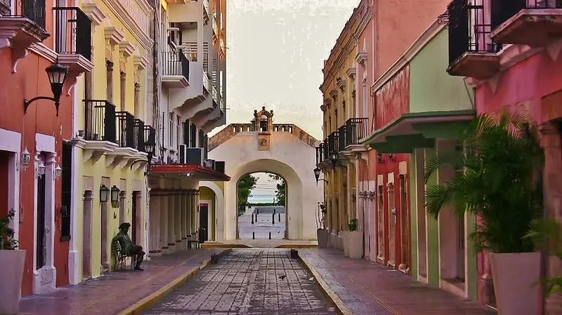 Campeche walled city streets with pastel colonial facades