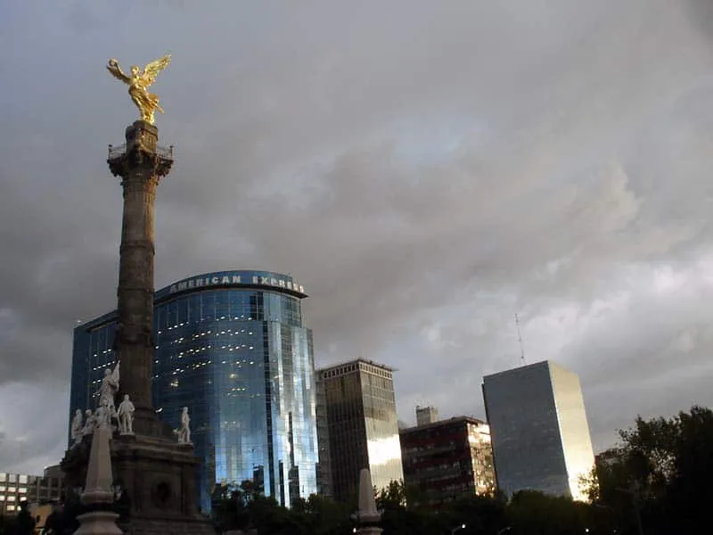 Mexico City skyline and historic landmarks from above