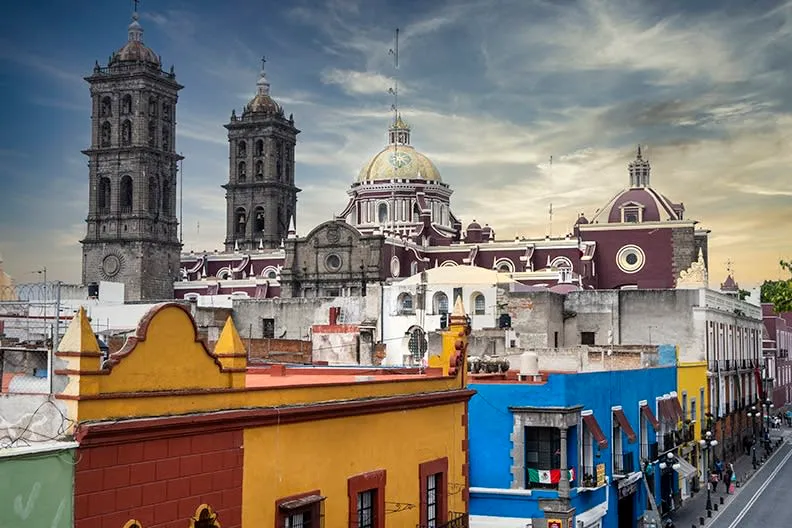 Puebla Cathedral and colonial arcades in the historic center