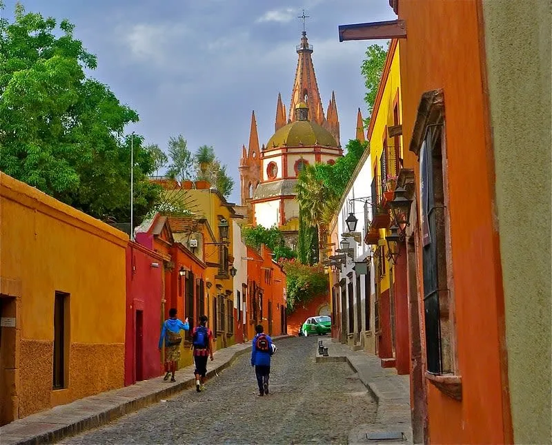 San Miguel de Allende parish church above colonial rooftops