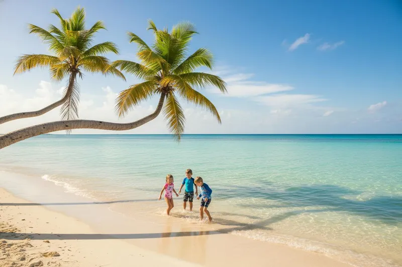 Shallow turquoise beach with palm trees, two children in ankle-deep water, white sand, and blue sky