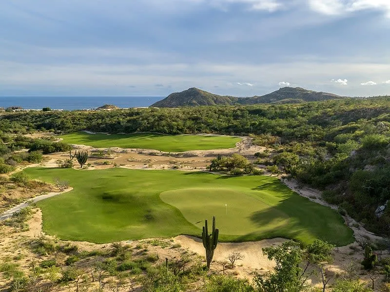 Twin Dolphin golf course in Los Cabos with ocean views from the tee box