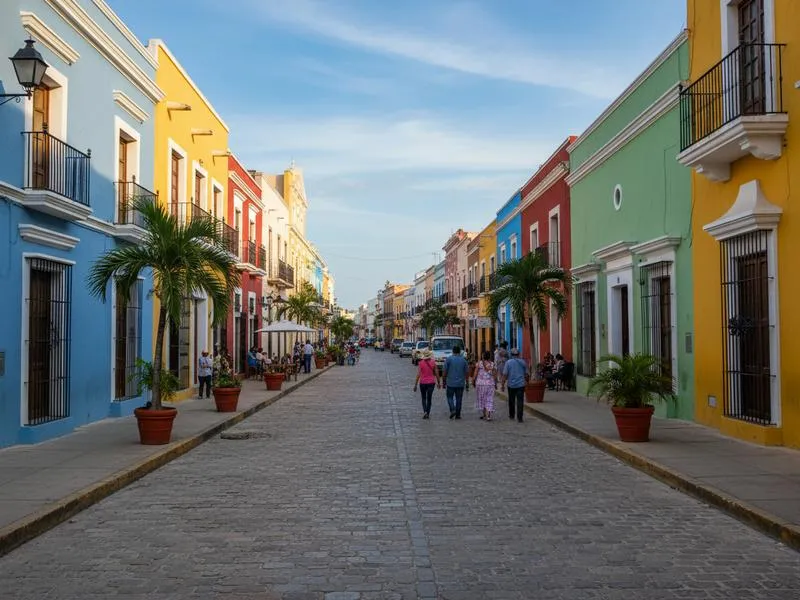 Colorful colonial street with painted facades in Campeche's historic center