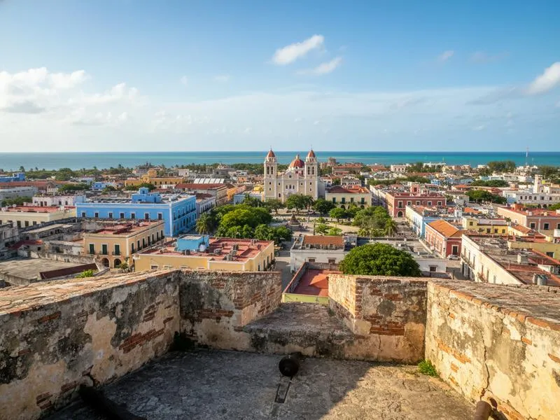 Stone fort walls overlooking Campeche's historic center and coastline