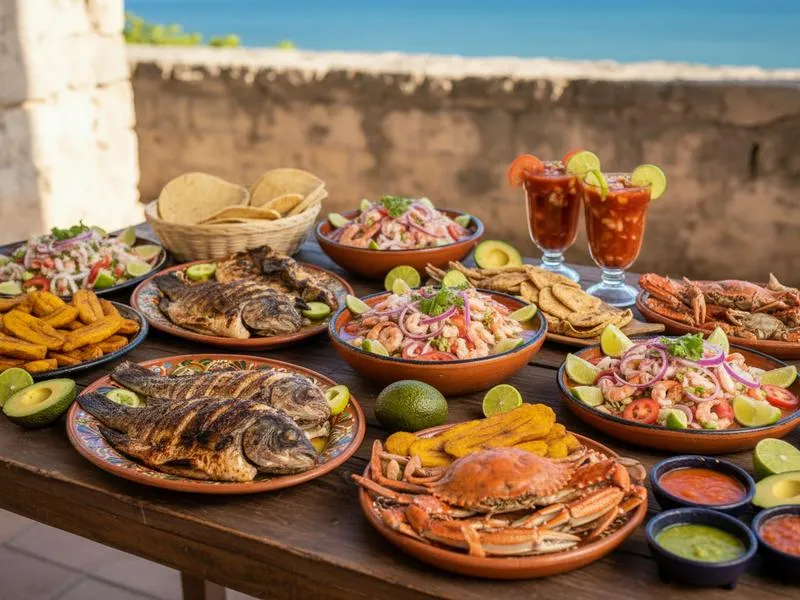 Campeche seafood dishes served together on a restaurant table