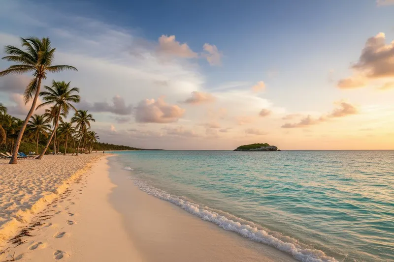 Palm-lined sandy beach with gentle waves, footprints, and a small island offshore