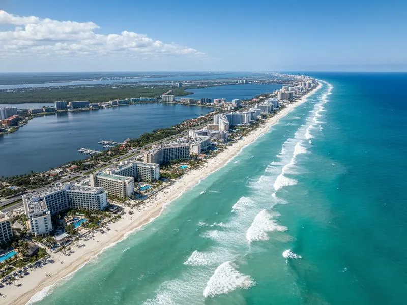 Aerial view of Cancun Hotel Zone between the Caribbean Sea and Nichupte Lagoon