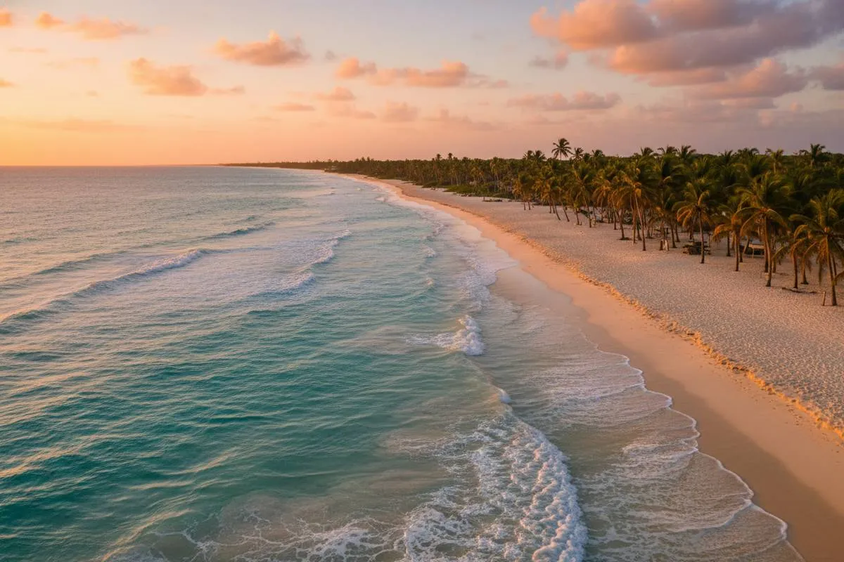 Aerial view of turquoise ocean, sandy beach, and dense palm trees at sunset
