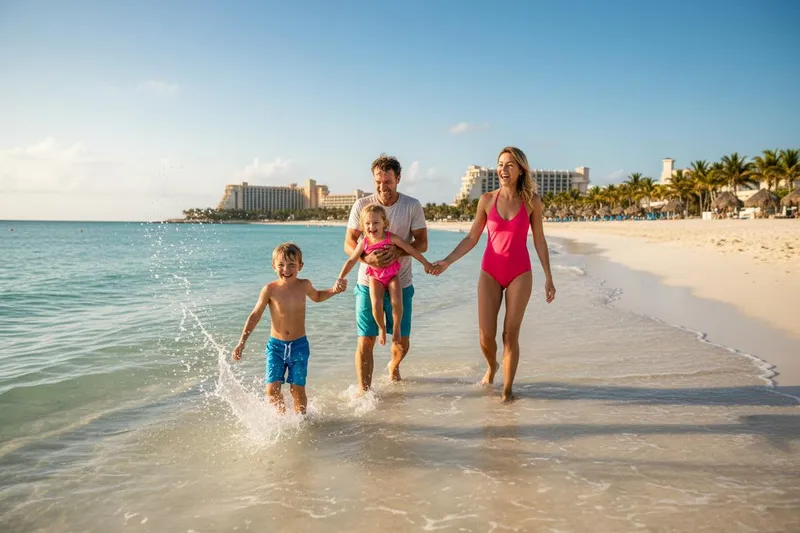 Family with young children playing in shallow Caribbean water on a Cancun beach