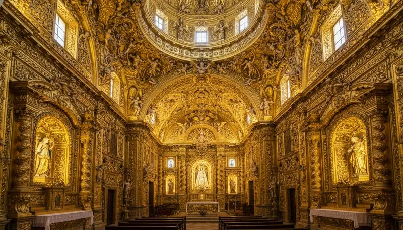 Capilla del Rosario interior in Puebla with gilded gold leaf baroque altar and ornate colonial decoration