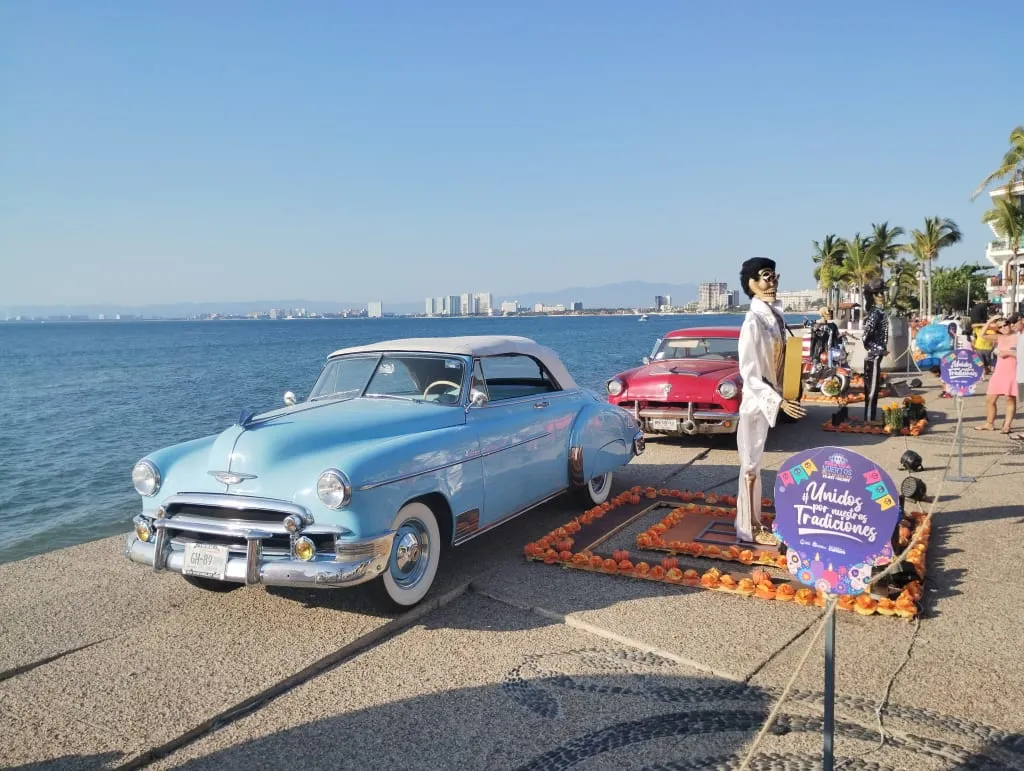 Classic car skeleton display on the Puerto Vallarta Malecón
