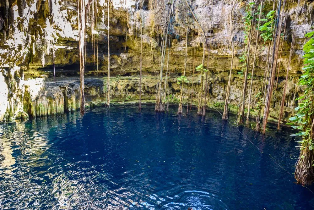 Rope swing platform above the blue water inside Cenote Oxman