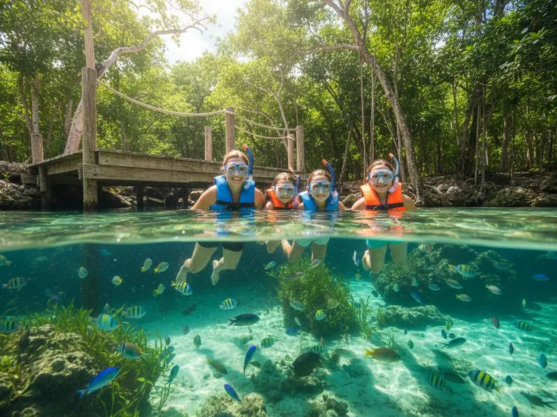 Cenote water near Puerto Morelos, a strong August backup when the beach is hot or seaweed-heavy