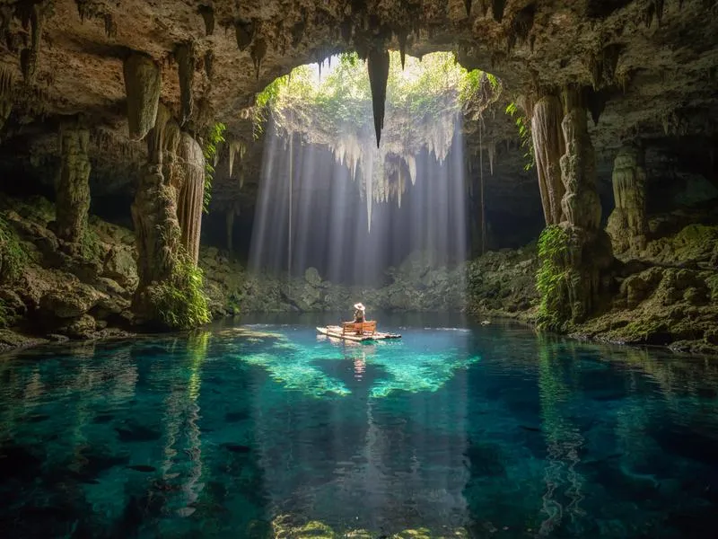 Cenote Suytun walkway platform in Valladolid Yucatan with natural light beam illuminating turquoise water from cave ceiling