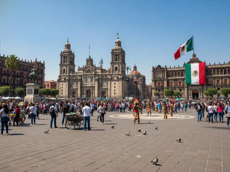 Mexico City's Zócalo main plaza with the Metropolitan Cathedral and Palacio Nacional surrounding the enormous central square under blue sky