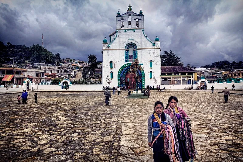 San Juan Chamula village in the Chiapas highlands with the whitewashed San Juan Bautista church and main plaza