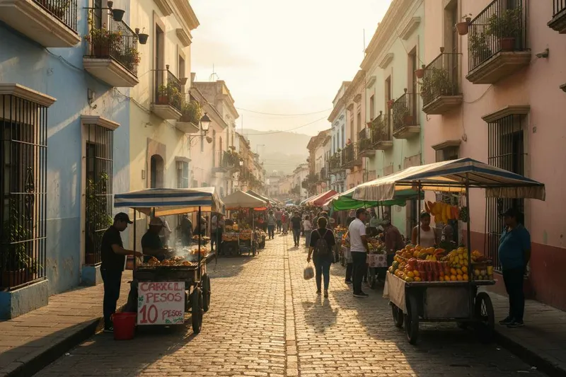 Colorful colonial street in a Mexican town with food carts, painted facades, and people walking past