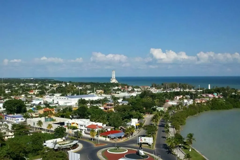 Palm-lined Chetumal waterfront plaza beside the Bay of Chetumal
