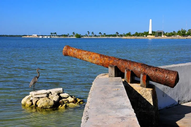 Colorful Chetumal sign and seaside promenade near the bay