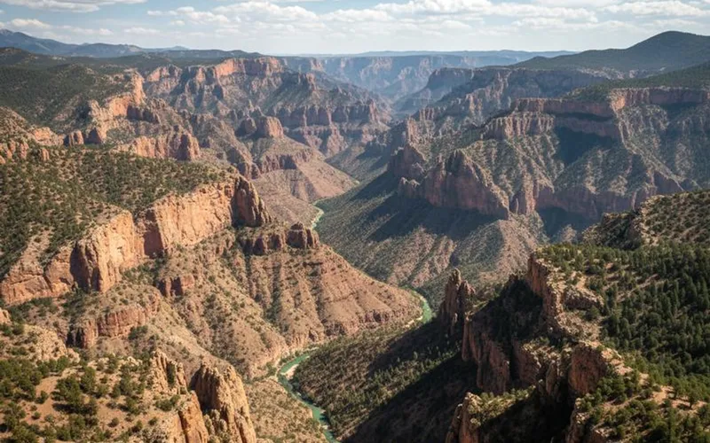 Copper Canyon cliffs and forested ravines in clear December winter light near Creel