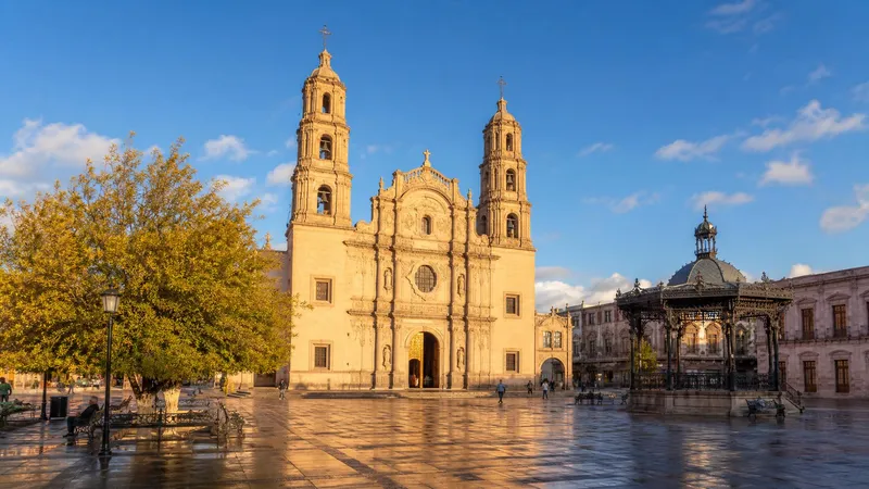 Chihuahua City cathedral and Plaza de Armas in clear October light after the rainy season