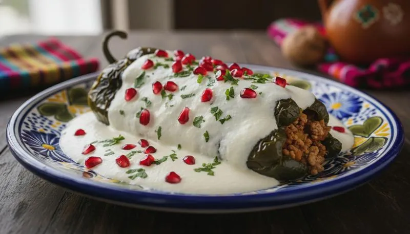 Chiles en nogada Puebla seasonal dish — poblano chile filled with picadillo and covered in walnut cream sauce with pomegranate seeds and fresh parsley garnish