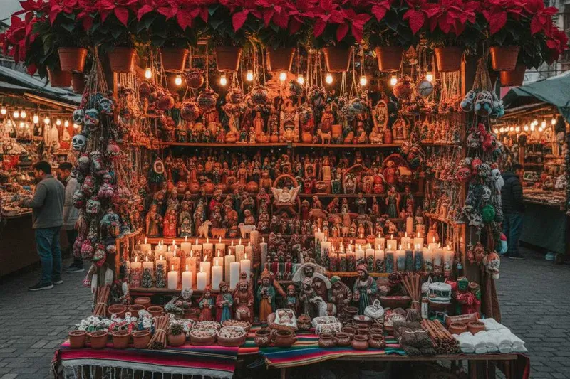 Mexican Christmas market stall with poinsettias and nativity figures