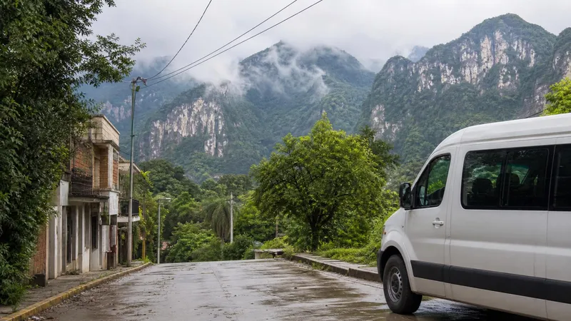 Rainy-season Huasteca waterfall route with green hills near Ciudad Valles