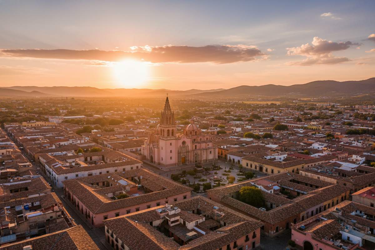 Colonial baroque church facade and cobblestone street in Querétaro's UNESCO Historic Center