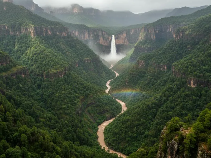 Barrancas del Cobre canyon walls in Chihuahua turning brilliant green during July rainy season with waterfalls cascading down the canyon walls