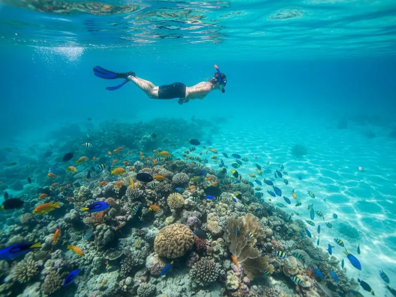 Snorkeler drifting over Cozumel's Palancar Reef in clear Caribbean water