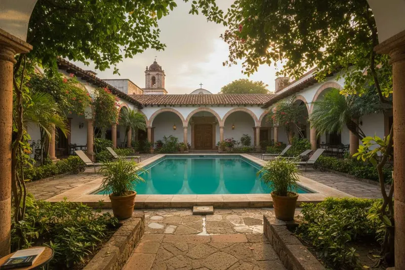 Green garden courtyard in Cuernavaca during the rainy season