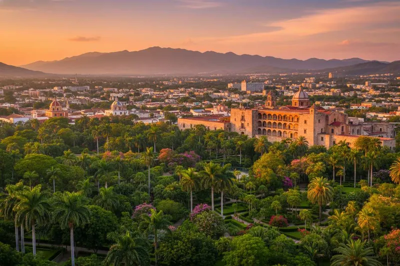 Warm February light over Cuernavaca gardens and cathedral rooftops
