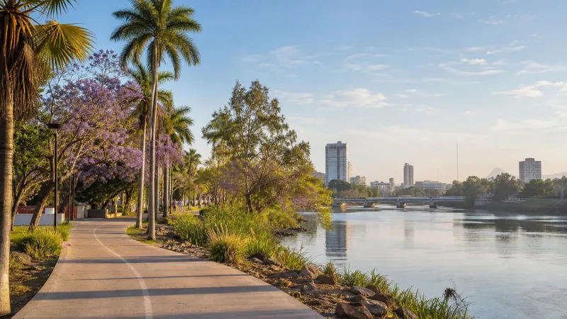 Dry-season Culiacan riverwalk with palms, purple spring flowers, warm March light, and a quiet city path